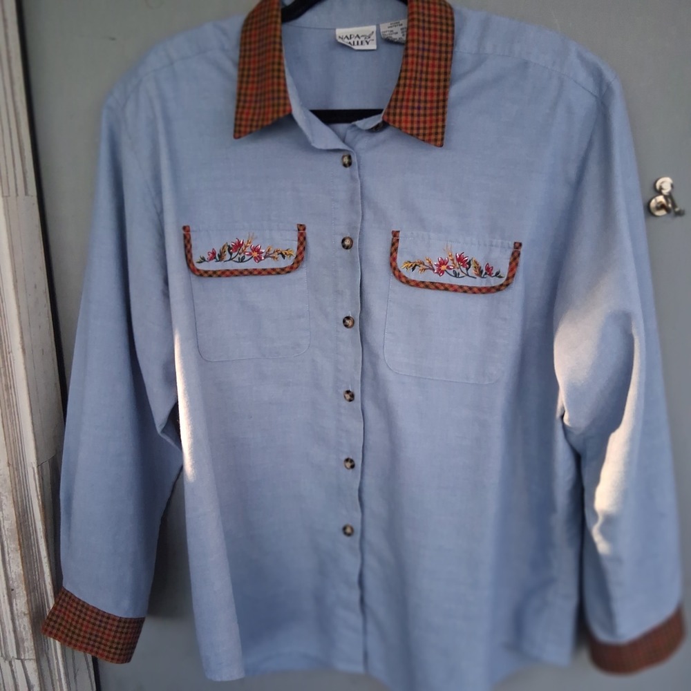 Vtg 90s Cottagecore Grannycore Denim Floral Embroidered Button Down Shirt XL EUC